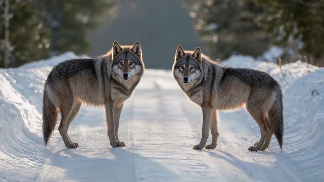 Sniffing paw prints, two grey wolves lifting heads, turning toward camera on snow track, rim-lit