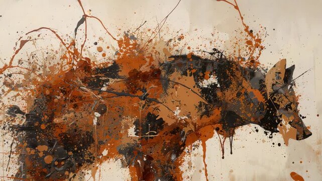 Panning camera shifting right across gallery wall, revealing canvas dog silhouette with paint drips