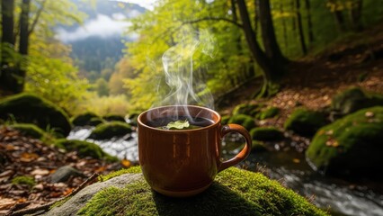 Steaming cup of tea on mossy rock beside serene forest stream with vibrant green foliage and natural light