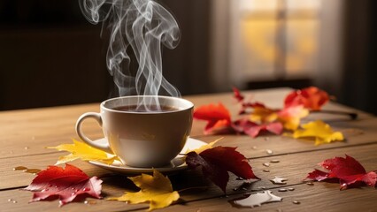 Steaming cup of coffee on a wooden table surrounded by colorful autumn leaves