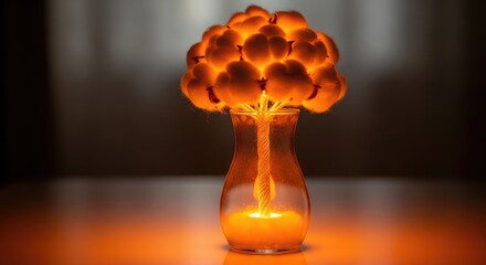 Glowing orange flower arrangement in a glass vase on a table with soft lighting and dark background ambiance