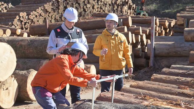 林業など第一次産業で働く人複数の人　ノギスで丸太を図る、不動産の木材材料のメージ(多摩木材センター協同組合プロパティ許可ずみ）の動画