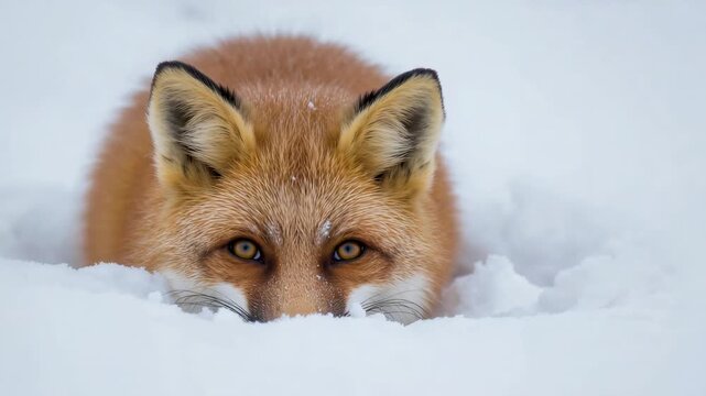 Stirring red fox opening amber eyes, lifting head in deep snow bank, whiskers frosted