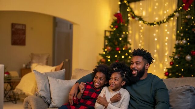 Reacting to TV program starting, sweater father and daughters shifting on home sofa, Christmas tree
