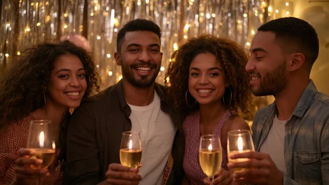 Raising stemmed glasses, group of four friends starting toast at party area, wearing casual outfits
