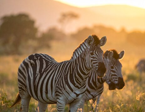 Two zebras standing together in grassy field during sunset