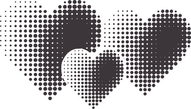 Three overlapping hearts composed of black dots in a halftone pattern
