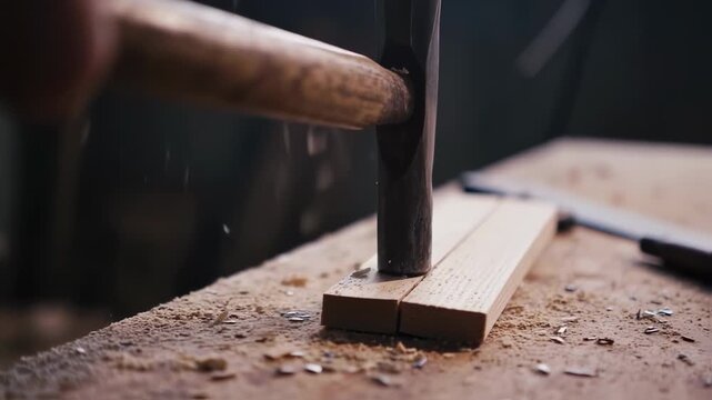 Woodworking detail of a hammer hitting a chisel to split wood in workshop