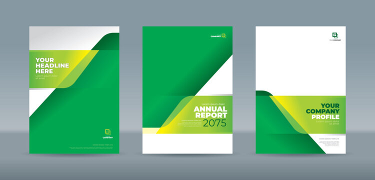 Vibrant book cover template featuring diagonal layers in fresh green and lime yellow gradient with a clean layout. A4 size book cover template for annual report, magazine, booklet, proposal, portfolio
