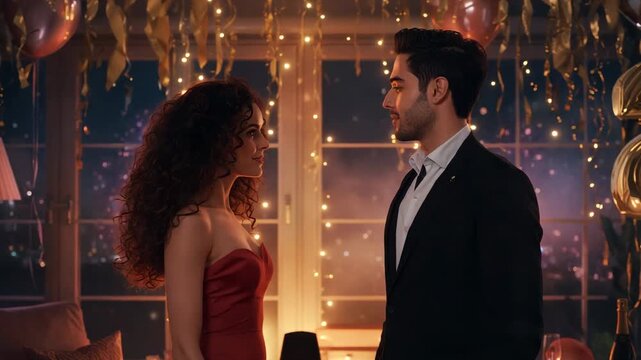 Dancing couple in red dress suit at home as fireworks exploding outside, celebrating with champagne