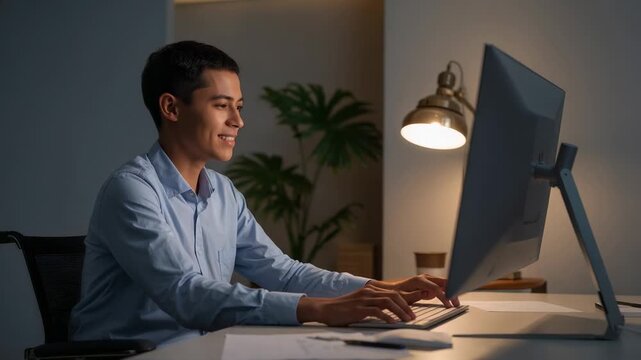 Typing man in light blue shirt working to meet deadline in home office, glancing at monitor