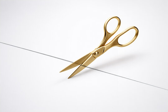 Concept of New Beginnings and Cutting Ties with Gold Scissors on a Minimalist Background