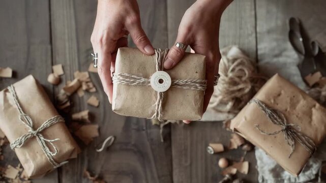 Reaching female hands, bare arms cradling brown gift at table, tightening twine, centering tag