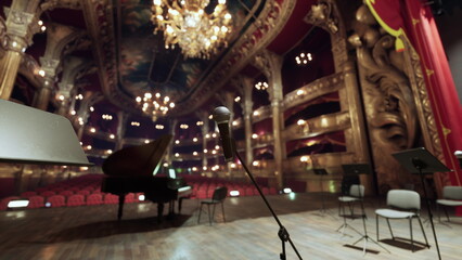 In a stunning concert hall adorned with ornate details, a grand piano sits under softly glowing chandeliers. Empty chairs and music stands indicate an upcoming performance.