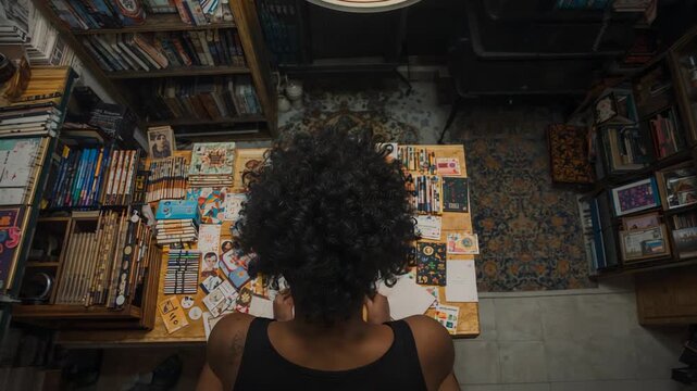 Noticing scattered cards, woman wearing black tank top sorting booklets on wooden worktable