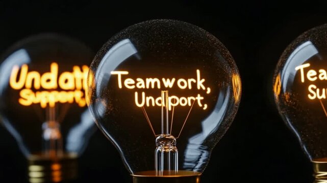Glowing Light Bulbs with Teamwork and Support Messages on Black Background undated undone