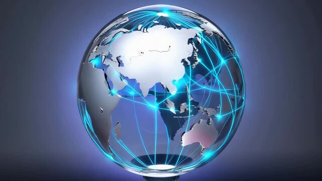 Static camera, transparent spinning globe with luminous connection lines between continents, soft volumetric light behind it