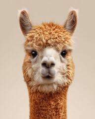 Obraz premium alpaca close-up but minimal, clean background, modern ad 