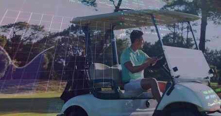 Animation of multiple graphs and trading boards over caucasian golf player driving golf cart - Powered by Adobe
