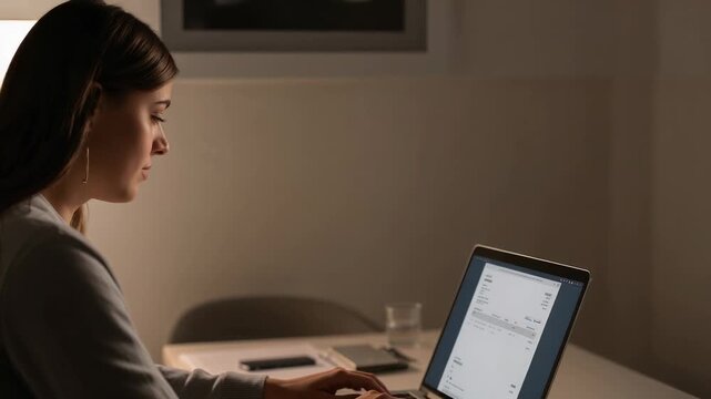 Typing woman in light sweater, hovering, pressing keys editing form on laptop at home, copy space