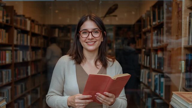 Turning page, bookseller wearing glasses reading on shift at shop display, holding red paperback