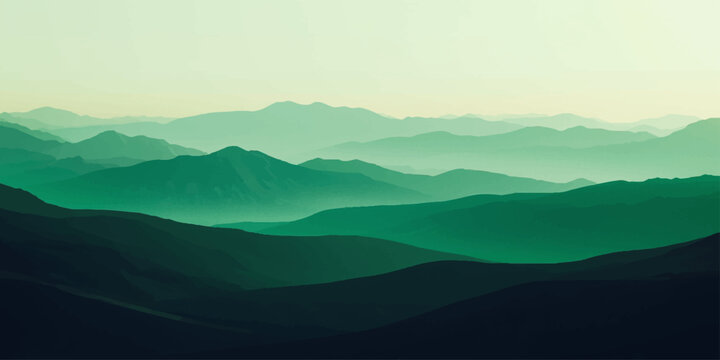 Abstract vector Serene Mountainscape with A panoramic view of layered mountain ranges enveloped in a tranquil embrace of mist, painted in varying shades of verdant hues.