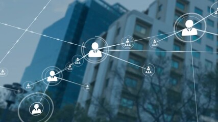 Network of connections and data processing animation over modern office buildings - Powered by Adobe