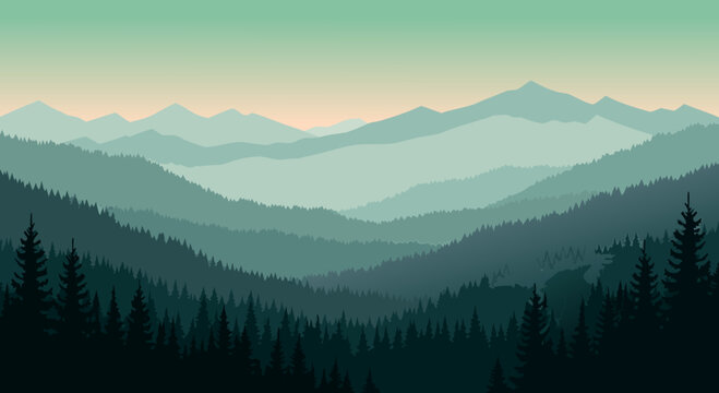 Layered Mountain Landscape Vector Illustration with Pine Forests and Misty Valleys at Dawn, Showcasing Serene Nature Scenery and Outdoor Beauty