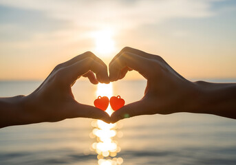 Hands forming a heart shape holding tiny red charms against a romantic sunset over the sea