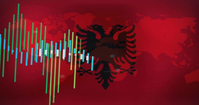 Bar chart animation over Albanian flag and world map background