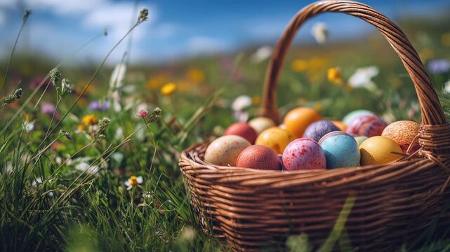 Wicker basket filled with colorful Easter eggs resting on green grass in a spring meadow. Festive seasonal concept for Easter celebration, egg hunt traditions and cheerful spring holiday decoration