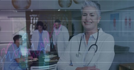 Smiling healthcare professional analyzing financial data and graphs in hospital setting - Powered by Adobe