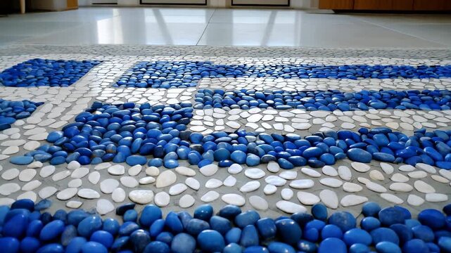 Starting camera sliding closer to pebble mosaic on tiles, revealing blue square with white cross