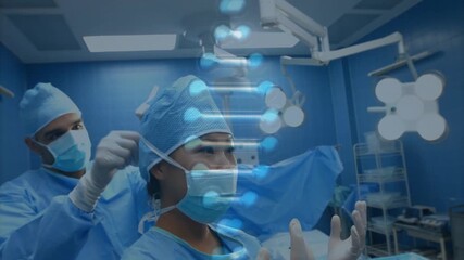 male surgeon adjusting female surgeon cap inside operating room, showing floating digital DNA helix - Powered by Adobe