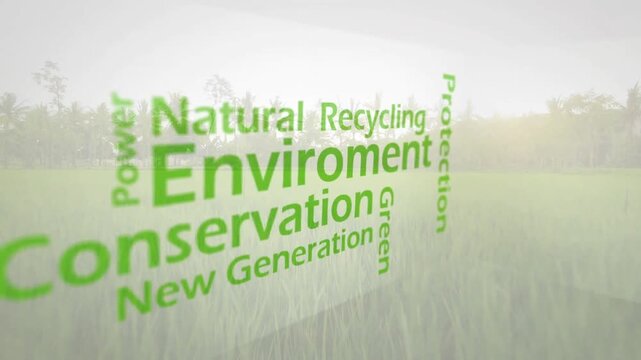 Sustainable text animating across tropical field flat design, showing lush grass and palm trees