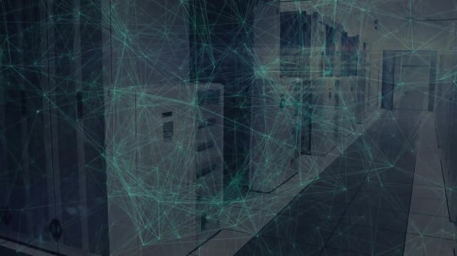 Network overlay appearing across racks with camera drifting and nodes swirling data flow to exit