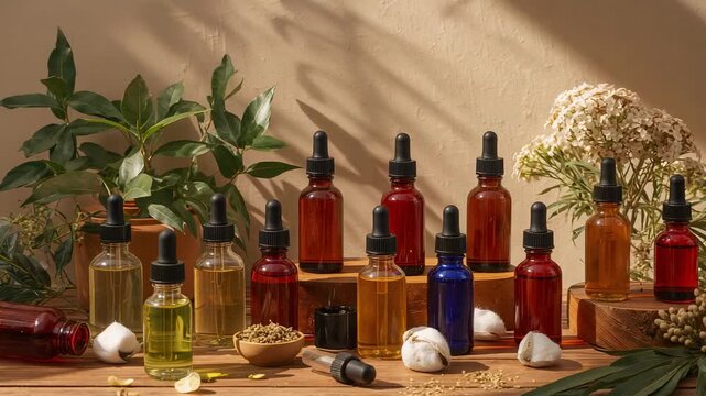Sunlight shifting revealing amber red cobalt dropper bottles on wooden table showing shadows
