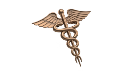 Golden medical caduceus symbol with wings on transparent background