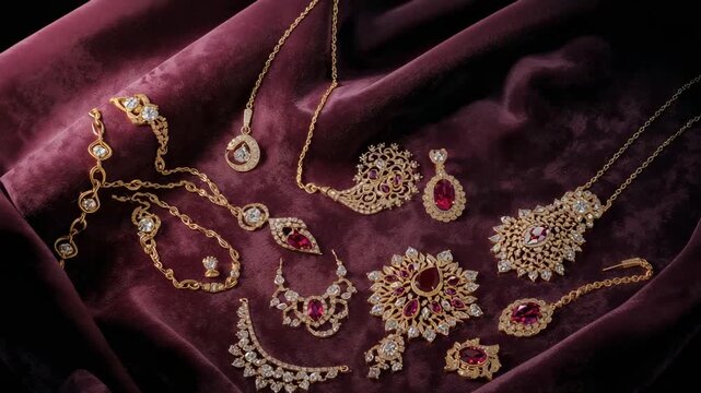 Shifting shot showing floral brooch with red stone and gold gems on burgundy velvet for catalog