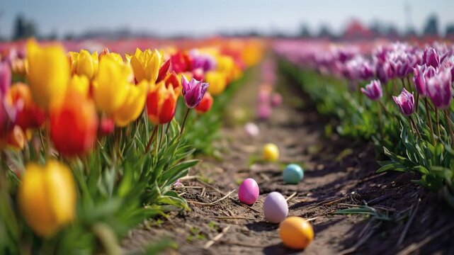 Colorful rows of blooming tulips with pastel Easter eggs scattered along the soil path under clear daylight. Bright spring atmosphere, festive seasonal concept and cheerful natural scenery