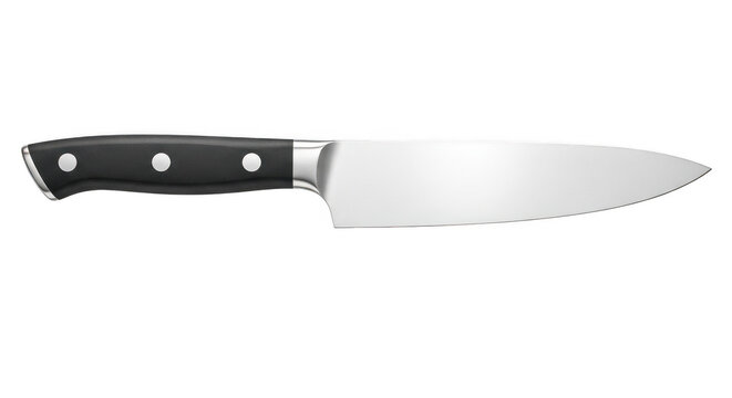 A serrated kitchen knife with black handle isolated on transparent background