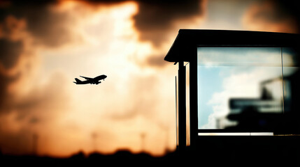 Silhouette airplane takeoff sunset sky airport terminal window travel scene dramatic clouds warm light