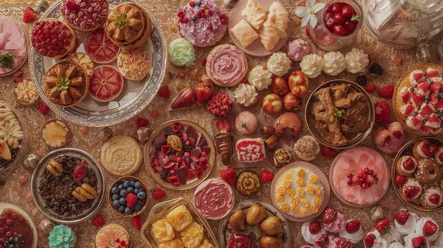 Gliding camera shifting right, reframing dessert spread on table, highlighting tarts