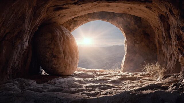 Empty stone tomb at sunrise symbolizing resurrection and new beginnings