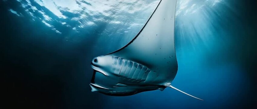Manta ray swimming underwater ocean creature marine life aquatic animal large fins gliding through blue water sunlight filtering through surface