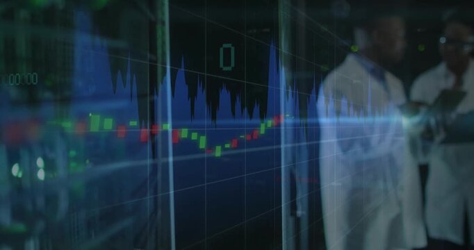 IT engineer and data analyst entering server room with chart overlay appearing, monitoring systems