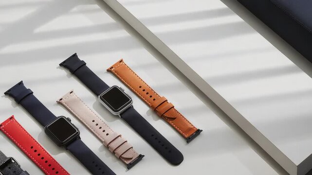 Panning camera showing watch straps and square faces on slatted tray, to show under blind shadows