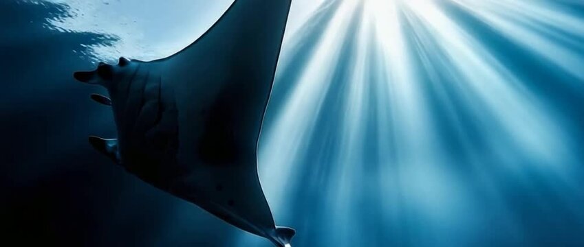 Manta Ray Swimming Underwater with Sunlight Rays ocean