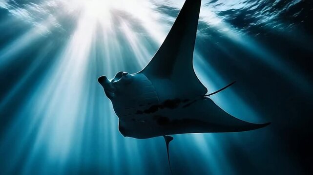 Manta ray swimming underwater with sunbeams shining through ocean water