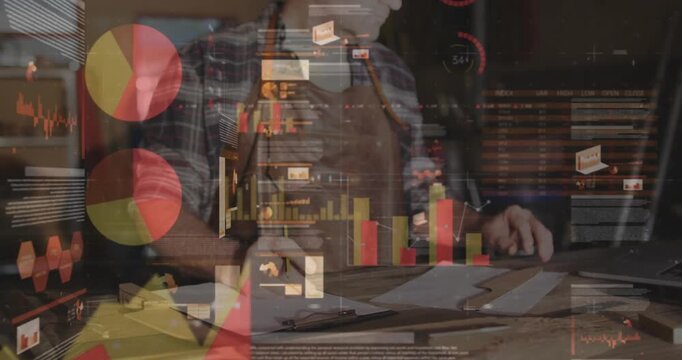 Man wearing apron shuffling reports and initiating clear bar chart overlay during data analysis